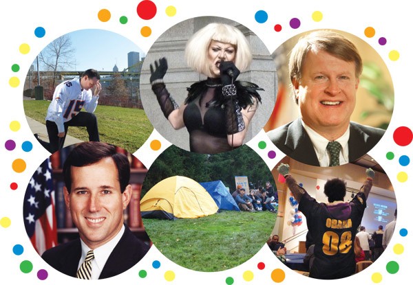 Circle of Life (clockwise from top left): Ravenstahl pays a wager; City Council honors drag queen Sharon Needles; Rich Fitzgerald has a busy year; Obama cruises back into the White House; Occupy Pittsburgh gets evicted; and right-wing poster boy Rick Santorum gives us all a scare.