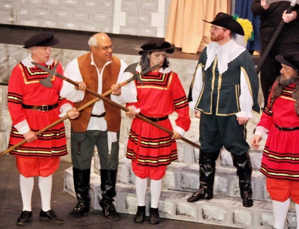 From left to right: Henry Tucker, Gregory Patrick, Jordan Speranzo, Sean Duggan and Garth Schafer in the Savoyard's The Yeomen of the Guard.