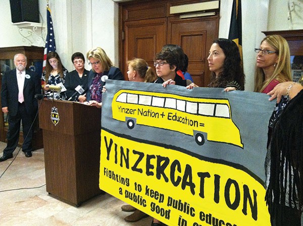PFT President Nina Esposito-Visgitis speaks at a press conference supporting the city council resolution.
