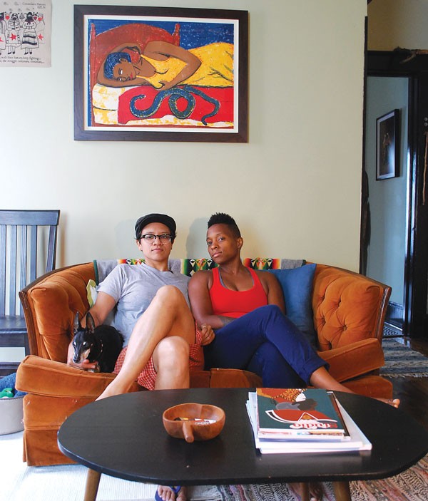 Raquel Rodriguez, left, and Ayanah Moor create their podcast in their Highland Park living room.