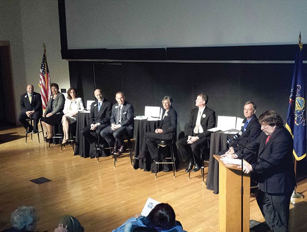 The eight Democratic candidates for governor at a Jan. 26 forum at CMU, from left, Ed Palowski, Jo Ellen Litz, Katie McGinty, Tom Wolf, Rob McCord, Allyson Schwartz, Max Myers and Jon Hanger