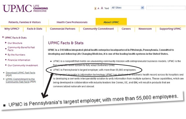 This screenshot from UPMC's website touts its standing as the state's largest employer.