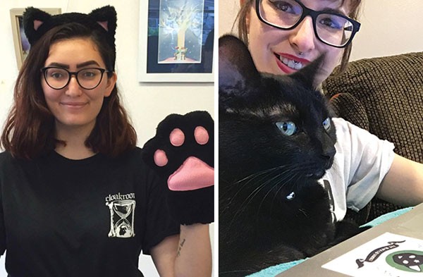 Indigo Baloch poses in a cat café in Japan (left); Olivia Ciotoli at home with her cat, Tilly