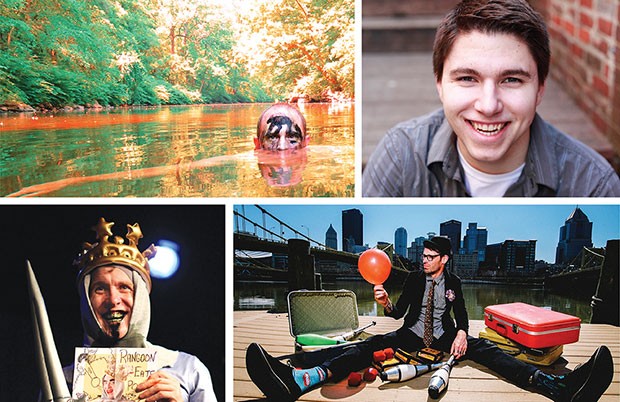 Pittsburgh Fringe acts, clockwise from upper left: One Man Apocalypse Now, magician Cody Clark, The Seven Suitcases of a Snake Oil Salesman and Cockatrice