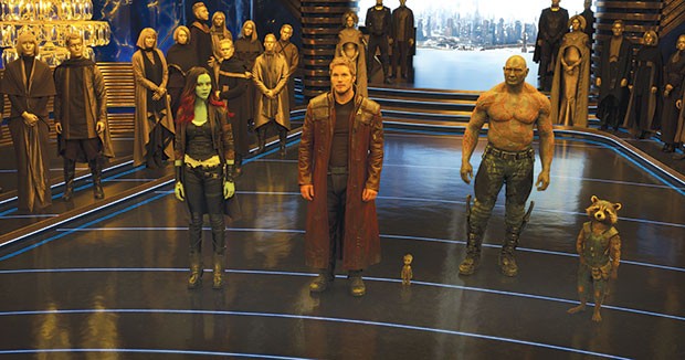 Checking in: Gamora (Zoe Saldana), Peter Quill (Chris Pratt), Baby Groot, Drax (Dave Bautista) and Rocket