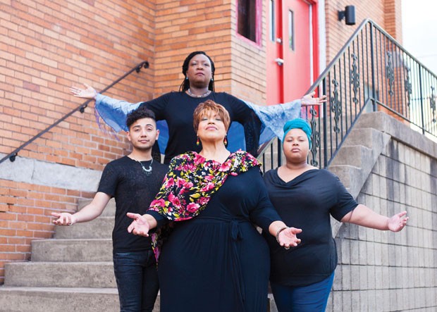 Charlee Canty (back row) and, left to right, Rudy Giron, Demareus Cooper and Michelle Williams play Spirits in Pittsburgh Festival Opera’s A Gathering of Sons.
