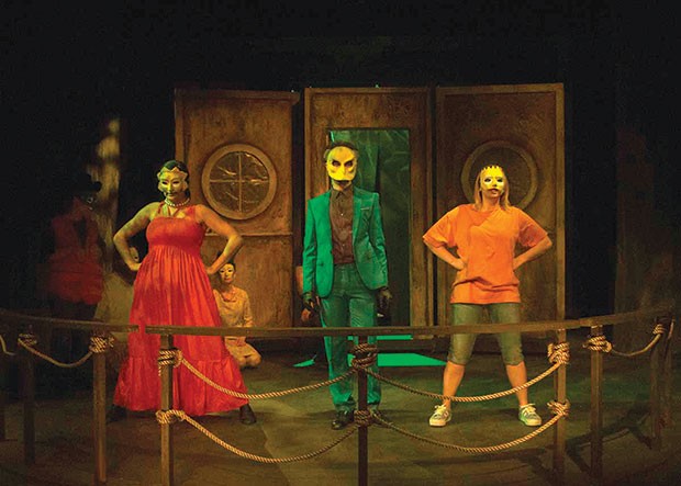 Front row, left to right: Brittany Tague,  Matt Henderson and Sara Ashley Fisher in Mr. Burns, a post-electric play, at 12 Peers Theatre