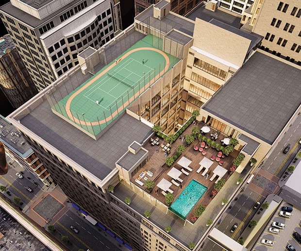 Architect’s rendering of an aerial view of Core Real Estates’s Kaufmann’s Grand on Fifth project