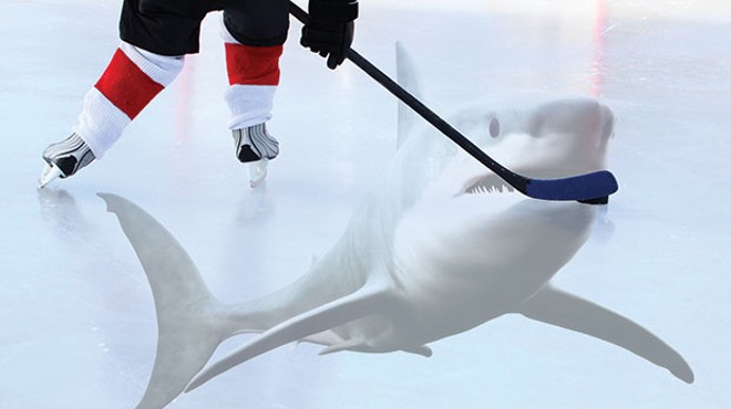 NHL hockey is fun outdoors, but hockey over a shark tank kicks it up a notch