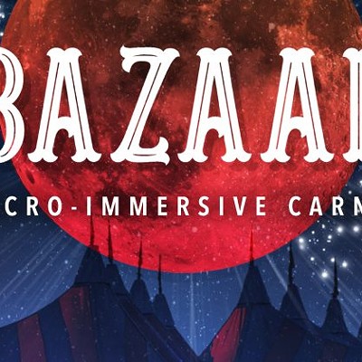 Dark circus tents are silhouetted against a red moon. Text reads Bazaar A Micro Immersive Carnival