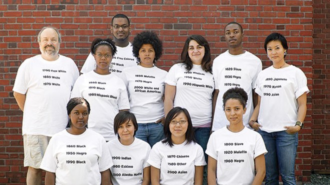 "What are you?": A photo from RACE, of college students wearing T-shirts printed with racial categories they would have been assigned in three different censuses