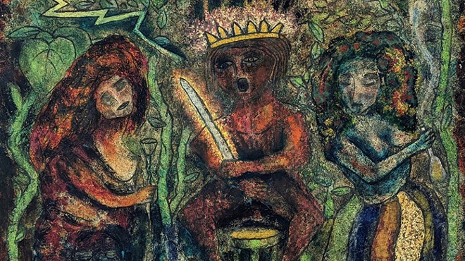 A painting by Jorge Hidalgo Pimentel depicts three figures, one in a crown and holding a sword.