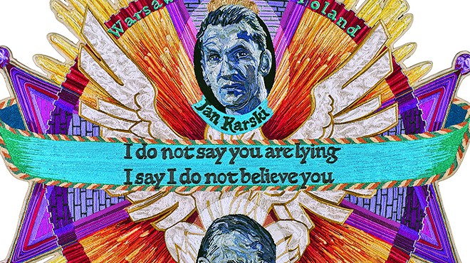 A piece of colorful artwork that resembles a crest. On the artwork are the words "I do not say that you are lying, I say I do not believe you"