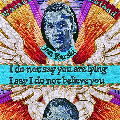 A piece of colorful artwork that resembles a crest. On the artwork are the words "I do not say that you are lying, I say I do not believe you"