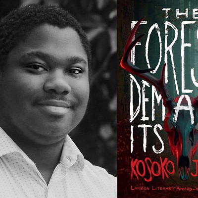 Kosoko Jackson, author of The Forest Demands Its Due, on left. Cover of The Forest Demands Its Due on right.