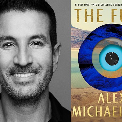 Alex Michaelides, author of The Fury, on left. Cover of The Fury on right.