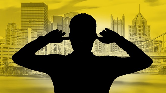 A silhouetted figure plugs their ears in front of a stylized Pittsburgh skyline