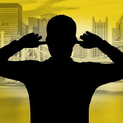 A silhouetted figure plugs their ears in front of a stylized Pittsburgh skyline
