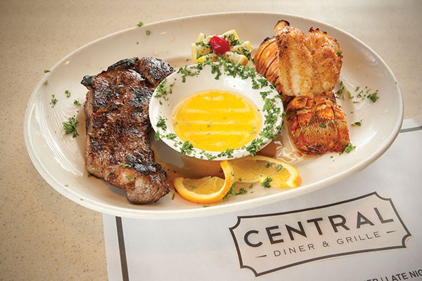 Surf-and-turf with lobster tail and New York strip steak at Central Diner