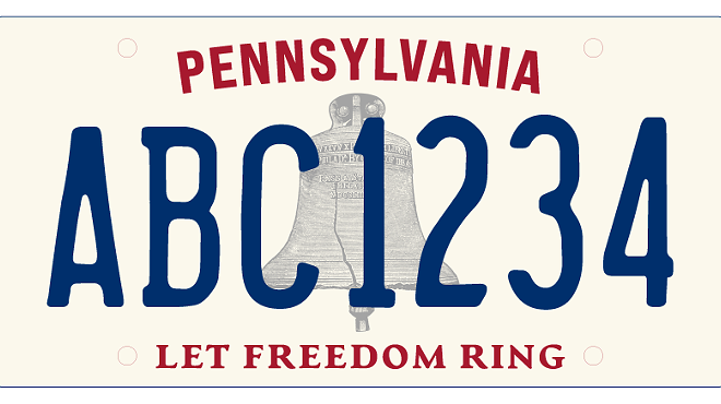 A boring, weakly designed license plate with a Liberty Bell stuck in the middle for some reason