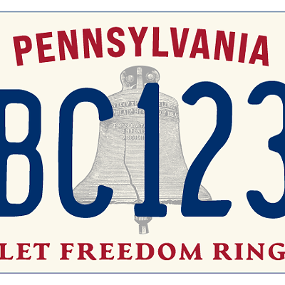 A boring, weakly designed license plate with a Liberty Bell stuck in the middle for some reason