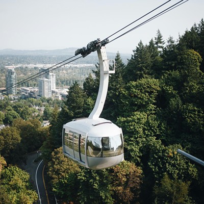 An aerial tram gondola soars over a forest with skyscrapers in the background