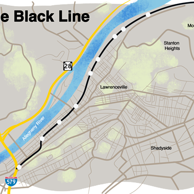 A map depicting a transit line connecting Downtown, the Strip District, and Lawrenceville.