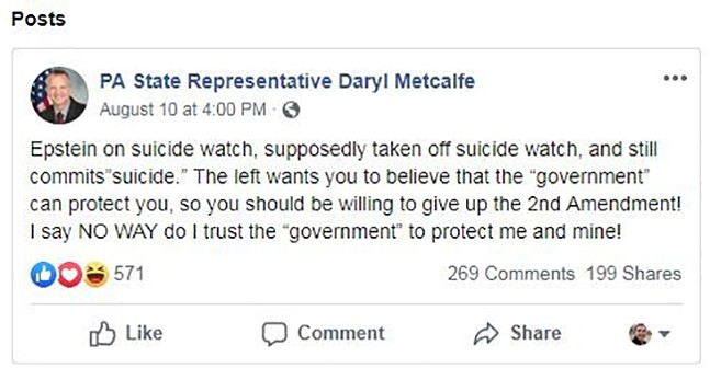 State Rep. Daryl Metcalfe creates his own conspiracy theory about Jeffrey Epstein suicide