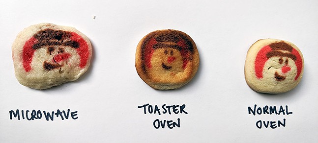 Pillsbury's pre-cut holiday cookies made three ways: in an oven, a toaster oven, and our office microwave (3)