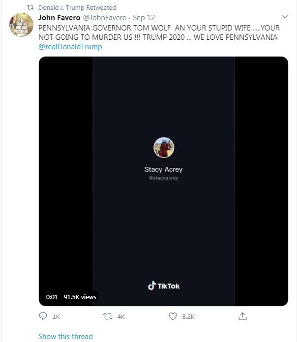 Trump retweets QAnon-supporting account that called Pa. first lady a “stupid wife” (4)