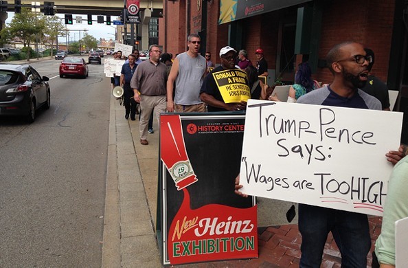 Pittsburgh group protests vice-presidential nominee Mike Pence's workers'-rights history and policies