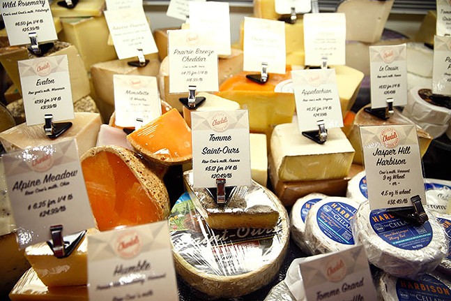 A selection of labeled cheeses at Chantal's Cheese in Bloomfield