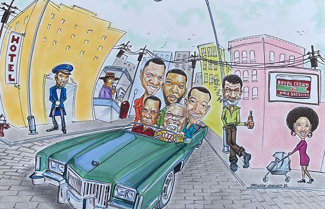 A drawn caricature features a Black neighborhood with five people in a car.