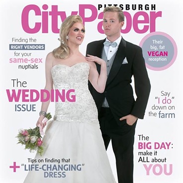 A drag queen is styled as both the bride and the groom, photoshopped next to each other, on a magazine-style cover of Pittsburgh City Paper