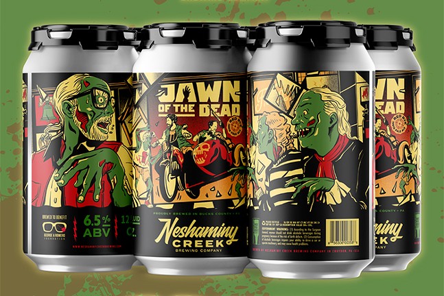 A line of beer cans feature labels decorated with images of zombies and director George A. Romero.