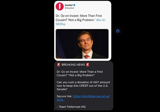 A screecap of a text message depicting a tweet from Jezebel with a photograph of Dr. Oz and the text: "Dr. Oz on Incest: More Than First cousin? Not a Big Problem."