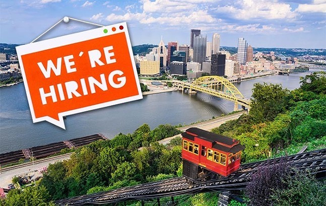 A red-and-yellow incline car goes downhill in foreground, with the Downtown Pittsburgh skyline in the background. A sign that says "we're hiring" sits on top of the image
