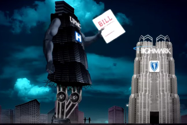 A still from an animation showing a giant, robotic UPMC building handing a bill to a Highmark building.