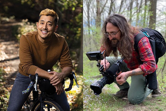 Two combined photos, one of a man with dyed blonde hair smiling on a bike, another of a man with long dark hair taking a close-up photo of some plants.