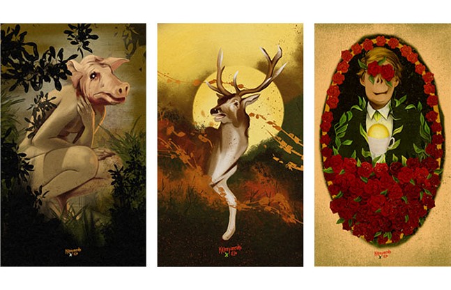Three illustrations depict a cowering, nude woman with a pig head, a distressed-looking buck, and a man with a deformed face surrounded by flowers.
