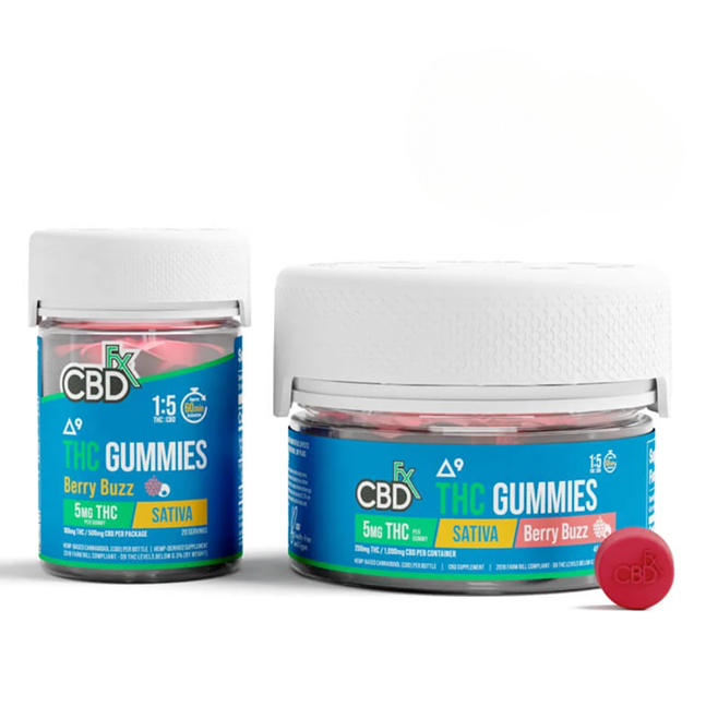 White background, two small plastic jars with white lids, one larger than the other. Blue label reads "CBDfx THC Gummies sativa berry buzz". One red gummy that says "CBDfx" in the foreground.