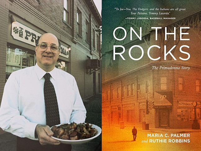 A smiling bald man in shirt, tie and glasses holds a plate of spaghetti on a McKees Rocks St composite with the cover of "On the Rocks."