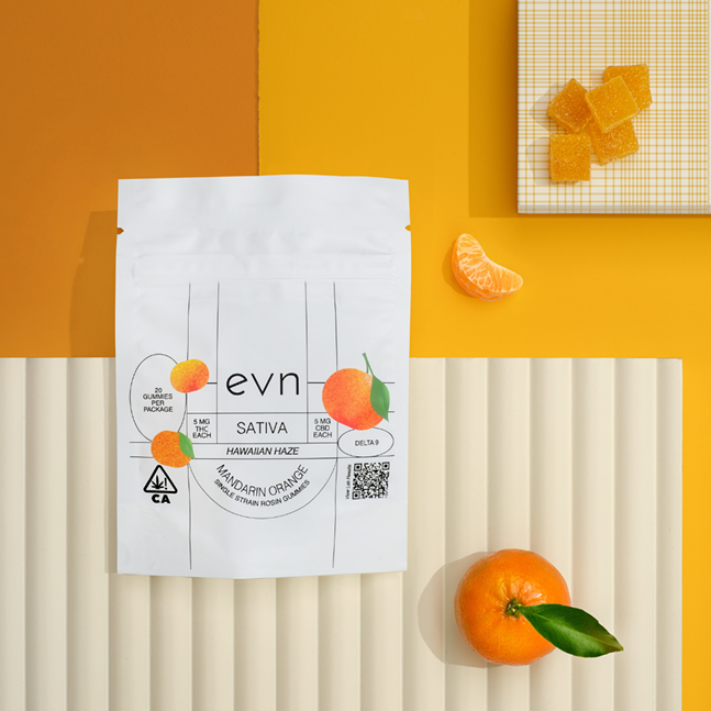 Photo of white bag of evn Sativa gummies in the flavor Mandarin Orange, background is abstract shades of orange with gummies and oranges arranged around the bag