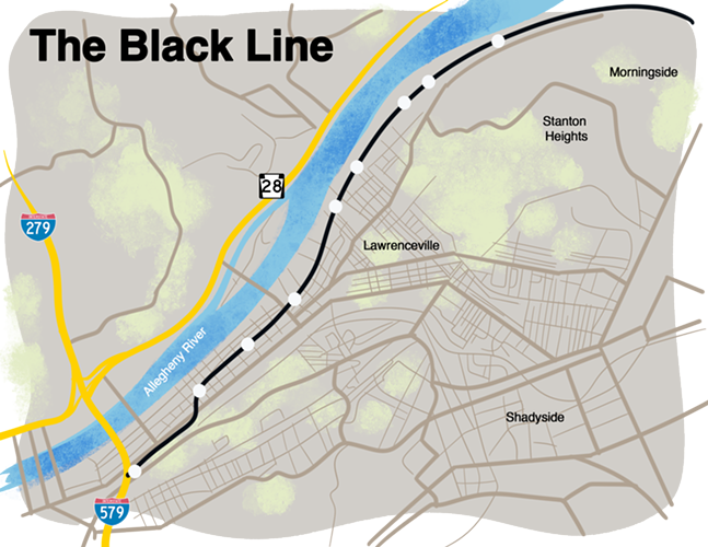 A map depicting a transit line connecting Downtown, the Strip District, and Lawrenceville.