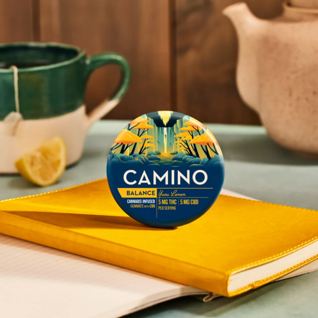 Photo of a tin of Camino gummies sitting on a notebook in front of a cozy mug of tea. Package reads: "Camino balance yuzu lemon cannabis infused gummies with cbd 5 mg thc 5 mg cbd per serving"
