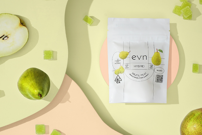Photo of "evn" brand gummies over an abstract, pear-themed background. Bag says "evn hybrid anjou pear single strain rosin gummies 5 mg cbd each"