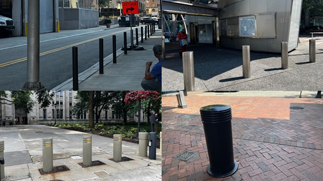 A composite photo of various bollards ranging from simple posts to retractable, illuminated bollars