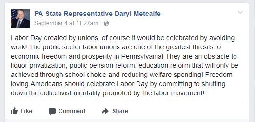 Angry constituents work over Pittsburgh-area Pa. Rep Daryl Metcalfe on social media after anti-Labor Day diatribe