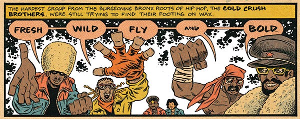 The Cold Crush Brothers, as depicted by Ed Piskor in Hip Hop Family Tree Book 4