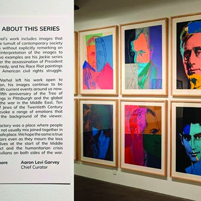A composite image showing a museum placard with text and the colorful, screenprinted portraits it introduces.